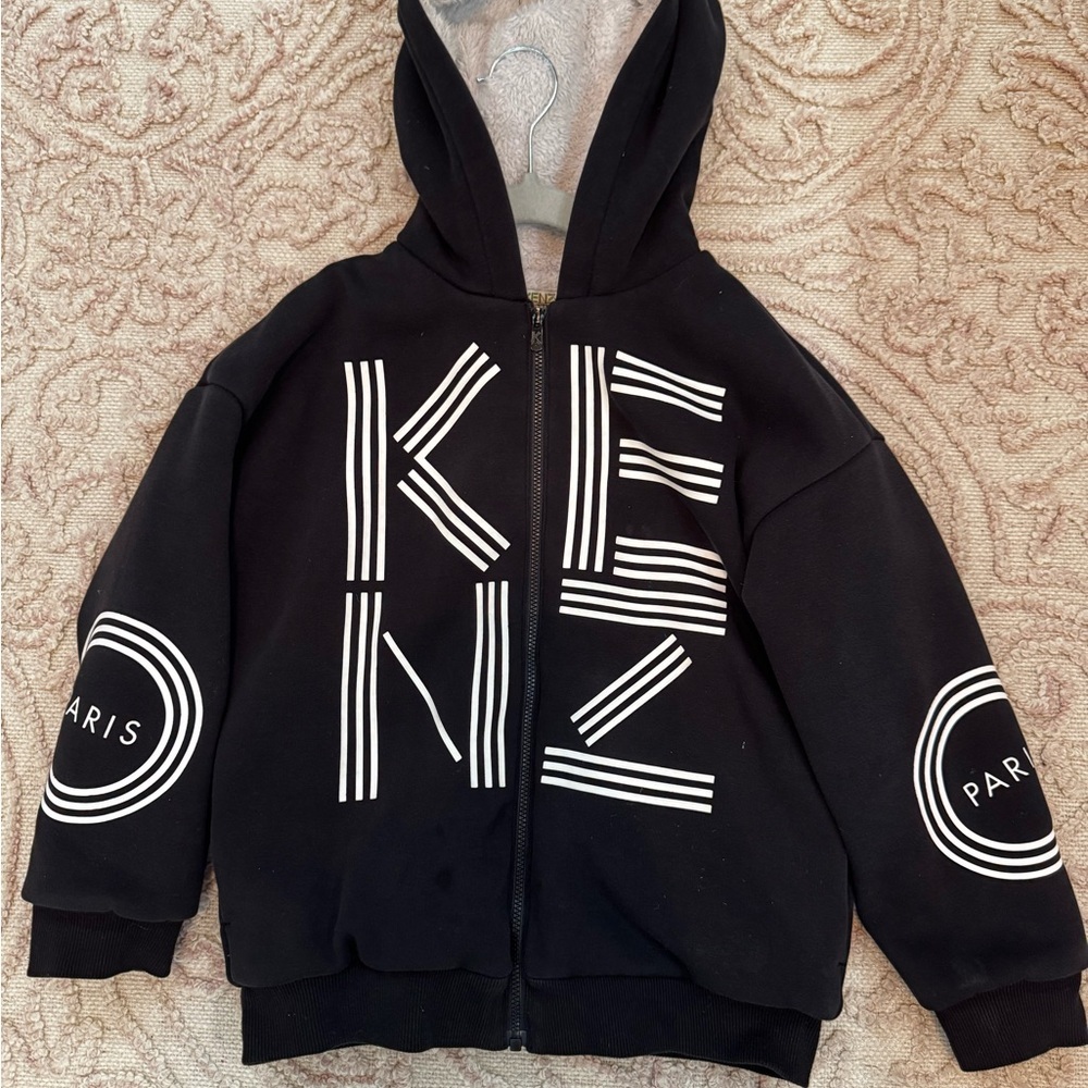 KENZO Kids Black Sherpa Fleece Hoodie Jacket with White Logo Print - Picture 2 of 5